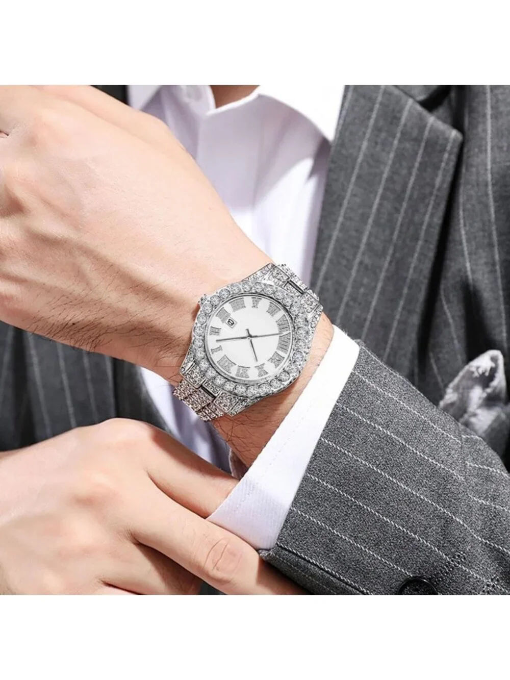 Men's All Silver Analog Crystal Rhinestone Diamond Iced-Out Bracelet Wrist Watch